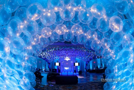 Clear Balloon Tunnel with Blue LED Lighting for Bar Mitzvah Entrance