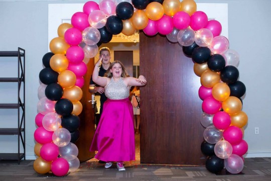 Hot Pink & Gold Balloon Arch over Doorway with Lights