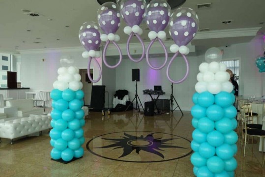 Baby Rattle Balloon Arch with Baby Bottle Columns for Baby Shower