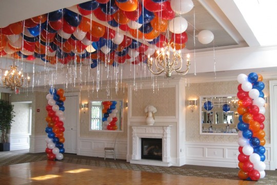 Royal Blue, Red & Orange Balloon Columns on Dance Floor