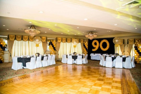 Gold & Black Balloon Columns for 90th Birthday Party
