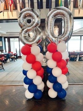 Red, White & Blue Balloon Columns with Silver Number Topper