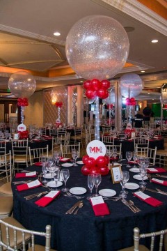 Red & Silver Sparkle Balloon Centerpieces with Lights & Logo Base