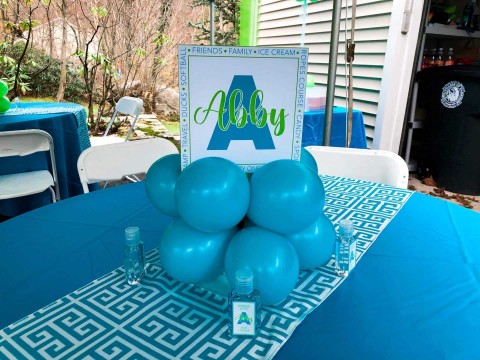 Turquoise & Lime Balloon Centerpieces with Custom Logo Sign for Outdoor Tent Event
