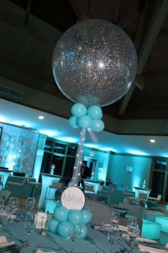 Silver & Turquoise Sparkle Balloon Centerpiece with Custom Logo & Lights