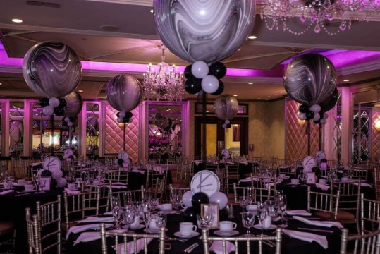 Black & White Marble Balloon Centerpieces with Custom Logo Base at Seasons, NJ