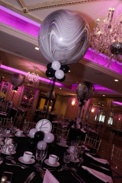 Black & White Marble Balloon Centerpieces with Custom Logo Base at Seasons, NJ
