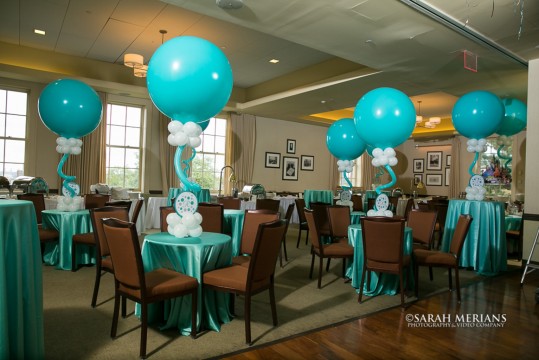 Turquoise Balloon Centerpieces with Custom Logo Cutout