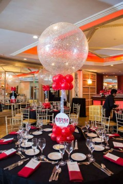 Red & Silver Sparkle Balloon Centerpiece with Custom Logo Base