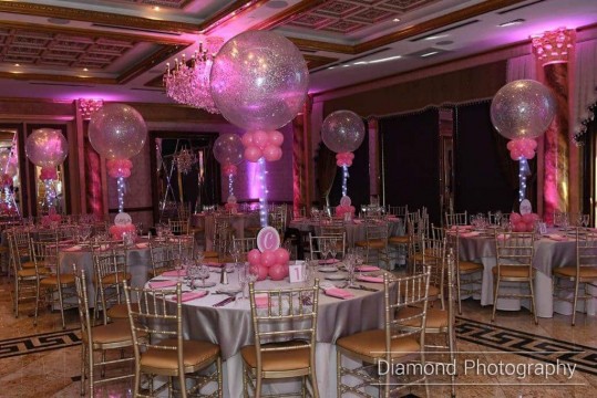Pink & Silver Sparkle Balloons with LED Lighting & Custom Logo Base at Seasons, NJ