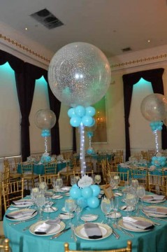 Silver & Tiffany Sparkle Balloon Centerpiece with Custom Cutout Logo & Lights