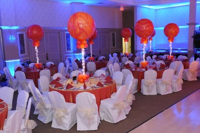 Red & Orange Marble Balloon Centerpieces with Tulle & Lights