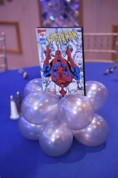 Comic Themed Balloon Centerpiece with Book Cover in Base & Floating Character Cutout