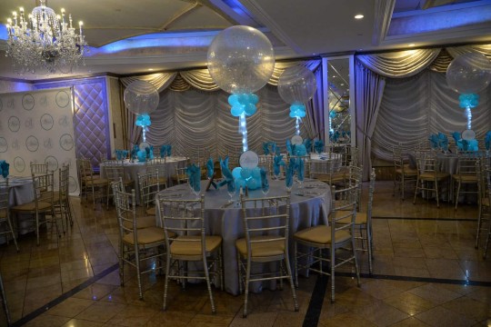 Silver & Turquoise Sparkle Balloon Centerpiece with Custom Logo Base
