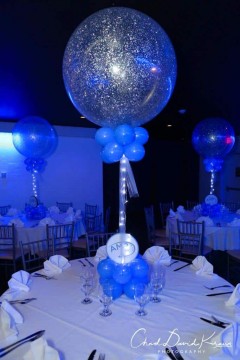 Perwinkle & Silver Sparkle Balloon Centerpiece with Lights & Custom Logo in Base