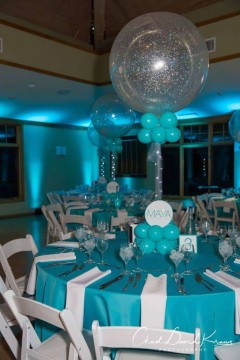 Tiffany Blue & Silver Sparkle Balloon Centerpiece with Lights & Custom Logo in Base