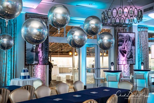 Silver Orbz Balloon Scape as Centerpiece for Turquoise & Navy Bat Mitzvah
