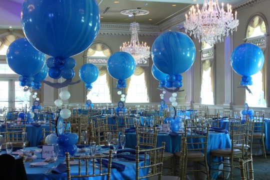 Blue Marble Balloon Centerpiece with Logo Cutout & Floating Swimmers