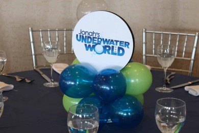 Lime Green & Blue Underwater Marble Balloon Centerpiece with Bubbles & Custom Logo