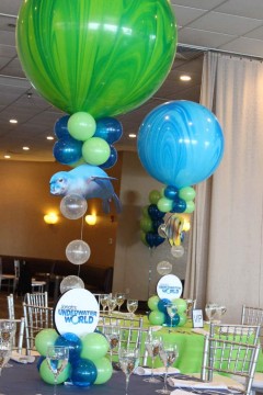 Lime Green & Blue Underwater Marble Balloon Centerpiece with Bubbles & Custom Logo