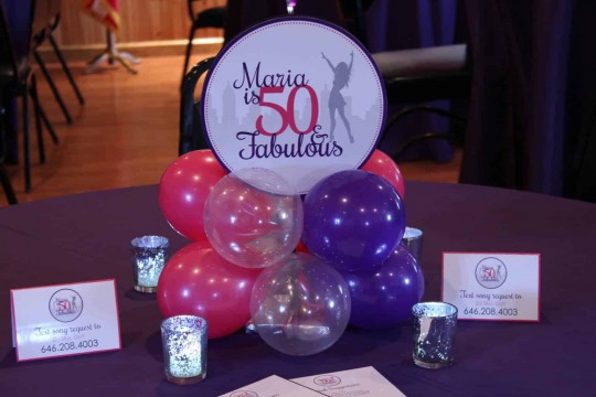 Pink & Purple Balloon Centerpiece with Custom Logo for 50th Birthday