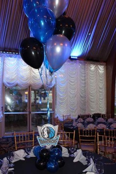 Blue, Black & Silver Balloon Centerpiece with Balloon Base and Logo Cutouts