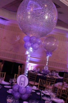Lavender & Purple Themed Bat Mitzvah with Sparkle Balloon Centerpieces & Custom Logo Base