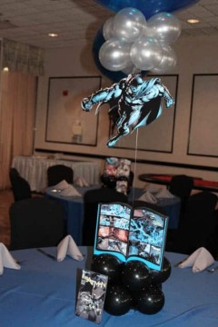 Comic Book Themed Centerpiece with Floating Superheroes & Table Signs