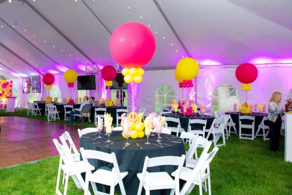 Hot Pink & Yellow Balloon Centerpieces with Custom Logo Base for Outdoor Tent Bat Mitzvah