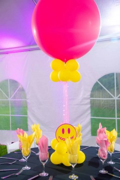 Hot Pink & Yellow Balloon Centerpiece with Balloon Base & Logo Cutout