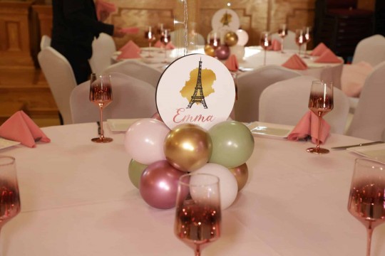 Gold Sparkle Balloon Centerpiece with Custom Logo for Paris Themed Bat Mitzvah