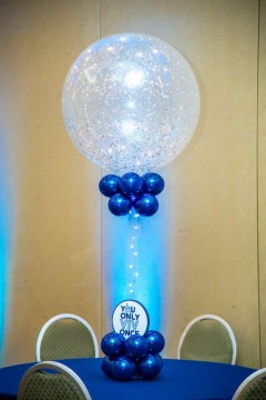 Navy & Silver Sparkle Balloon Centerpiece with Lights & Custom Logo in Base