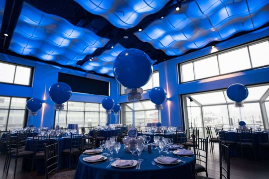 Blue Balloon Centerpieces with Balloon Base and Custom Logo Cutout for Bar Mitzvah at Current, NYC