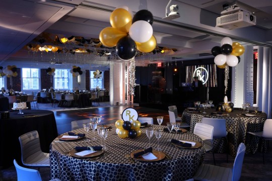 Balloon Topiary Centerpieces with Balloon Base and Logo Cutout for Graduation Party at Studio Gather, NYC