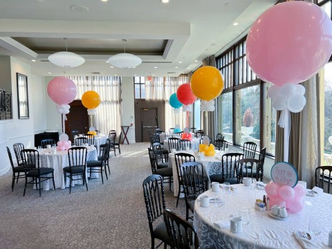 Balloon Centerpieces with Balloon Base and Custom Logo Cutout for Baby Naming at Tarrytown House Estate