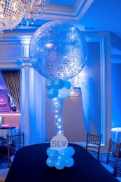 Pale Blue & Silver Sparkle Balloon Centerpiece with Lights & Custom Logo in Base