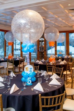 Blue & Orange Fire & Ice Balloon Centerpieces with Custom Logo in Base