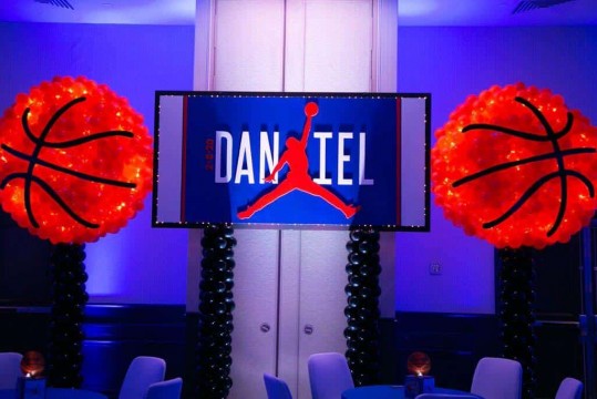 Custom Logo Backdrop & Basketball Balloon Sculptures with Lights for Basketball Themed Bar Mitzvah