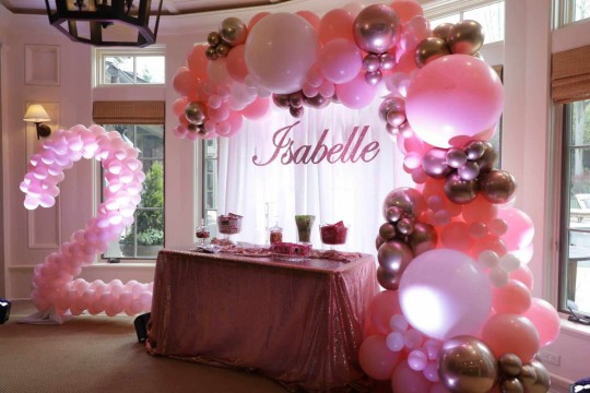 Number 1 Balloon Sculpture with Signage and Organic Balloon Arch  over Candy Bar Table