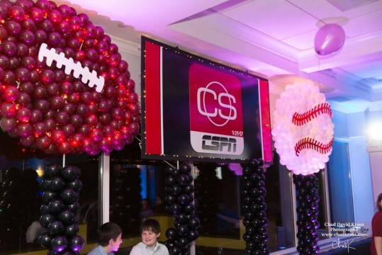 Football & Baseball Balloon Sculpture with Lights for ESPN Themed Bar Mitzvah at Elmood Country Club