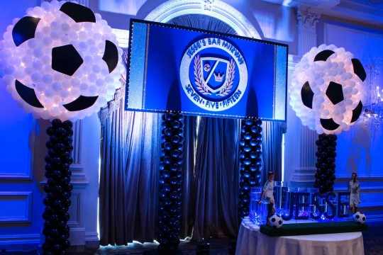 Soccer Themed Bar Mitzvah Backdrop with Soccer Balloons Sculptures & Lights