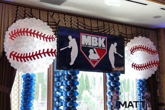 Baseball Themed Bar Mitzvah with Custom Logo Backdrop and Baseball Balloon Sculptures