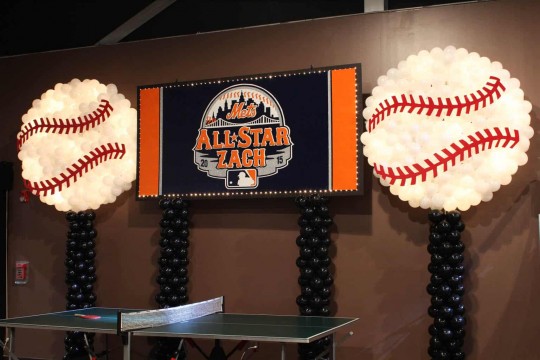 Mets Themed Bar Mitzvah with Custom Logo Backdrop & Baseball Balloon Sculptures & Lights