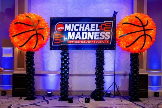 Custom Logo Backdrop & Basketball Balloon Sculptures with Lights for March Madness Themed Bar Mitzvah