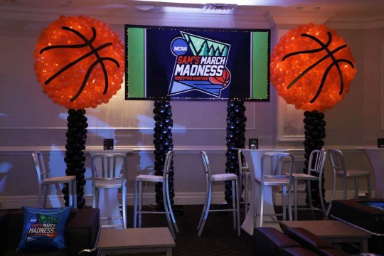 Custom Logo Backdrop & Basketball Balloon Sculptures with Lights for March Madness Themed Bar Mitzvah