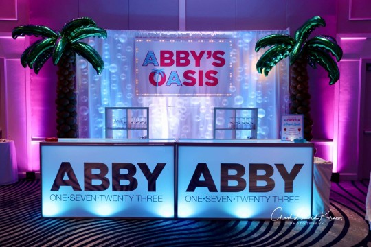 Palm Tree Balloon Sculptures  on Either Side of LED Bubble Wall Behind Bar for Beach Themed Bat Mitzvah