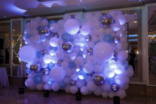 Pale Blue & White Organic Balloon Wall with Silver Metallic Orbz Accents for Christening