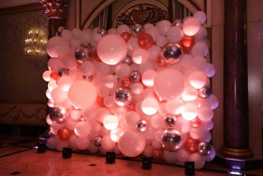 Rose Gold & White Organic Balloon Wall with Silver Orbz Accent for Bat Mitzvah Photo Booth Backdrop