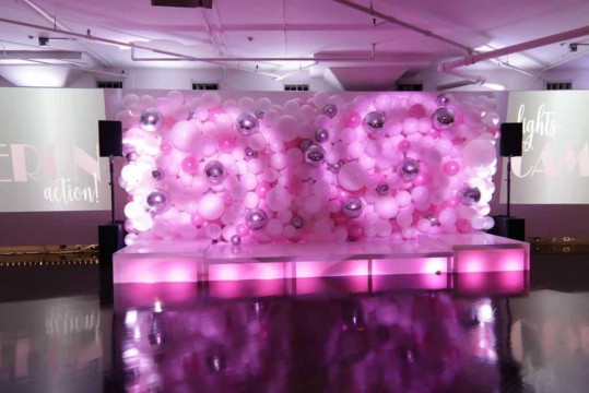 Light Pink & White Organic Balloon Wall with Metallic Silver Orbz Accents for Bat Mitzvah at Tribeca 360
