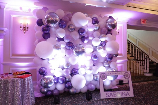 Purple & Lavender Organic Balloon Wall with LED Lighting for Bat Mitzvah Photo Booth at Scarsdale Golf Club